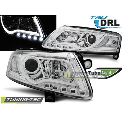 Оптика альтернативная передняя TUBE LIGHTS TRU DRL под штатный галоген Audi A6 C6 (2004-2008) хром
