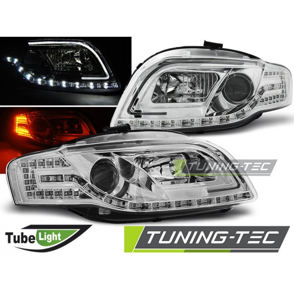 Оптика альтернативная передняя линзованная Tube Light Audi A4 B7 (2005-2008) хром